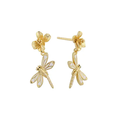 PLE08080 Серьги из стерлингового серебра 925 пробы с эмалью в виде стрекозы и цветка